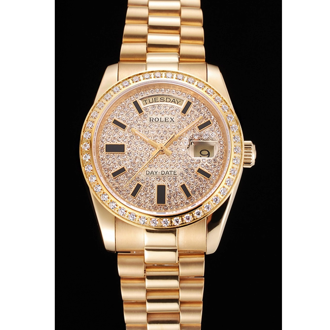 Aaa replica Bezel And And Date Rolex Dial Gold Pave Diamond Bracelet Case Day Swiss 0518